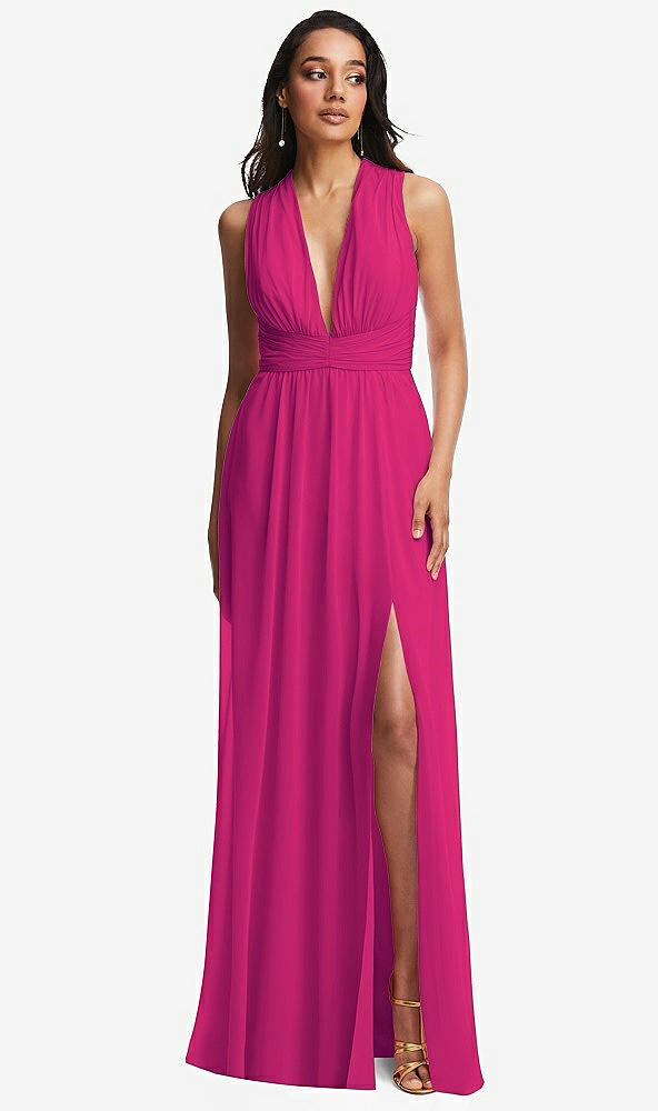 Front View - Think Pink Shirred Deep Plunge Neck Closed Back Chiffon Maxi Dress 