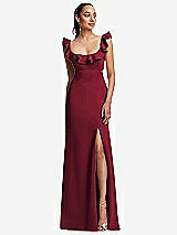 Front View Thumbnail - Burgundy Ruffle-Trimmed Neckline Cutout Tie-Back Trumpet Gown