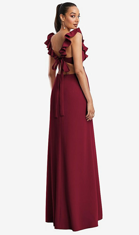 Back View - Burgundy Ruffle-Trimmed Neckline Cutout Tie-Back Trumpet Gown