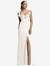Front View Thumbnail - Ivory Ruffle-Trimmed Neckline Cutout Tie-Back Trumpet Gown