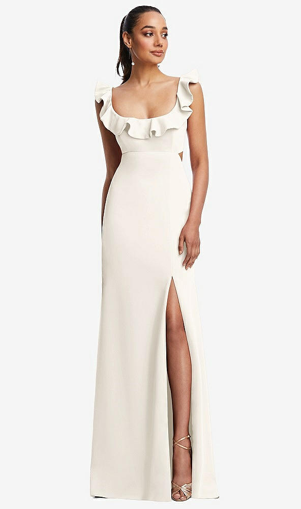Front View - Ivory Ruffle-Trimmed Neckline Cutout Tie-Back Trumpet Gown