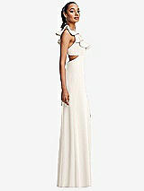 Side View Thumbnail - Ivory Ruffle-Trimmed Neckline Cutout Tie-Back Trumpet Gown