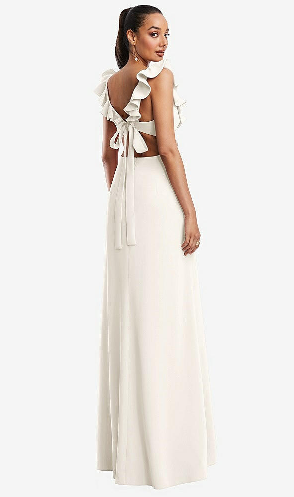 Back View - Ivory Ruffle-Trimmed Neckline Cutout Tie-Back Trumpet Gown