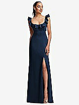 Front View Thumbnail - Midnight Navy Ruffle-Trimmed Neckline Cutout Tie-Back Trumpet Gown