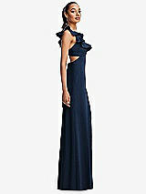 Side View Thumbnail - Midnight Navy Ruffle-Trimmed Neckline Cutout Tie-Back Trumpet Gown