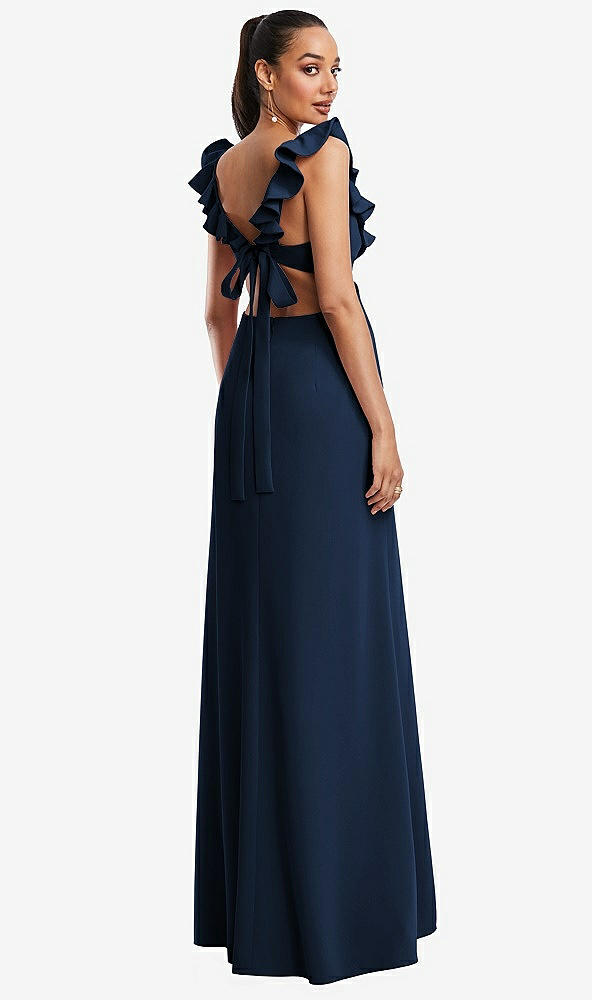 Back View - Midnight Navy Ruffle-Trimmed Neckline Cutout Tie-Back Trumpet Gown
