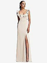 Front View Thumbnail - Oat Ruffle-Trimmed Neckline Cutout Tie-Back Trumpet Gown