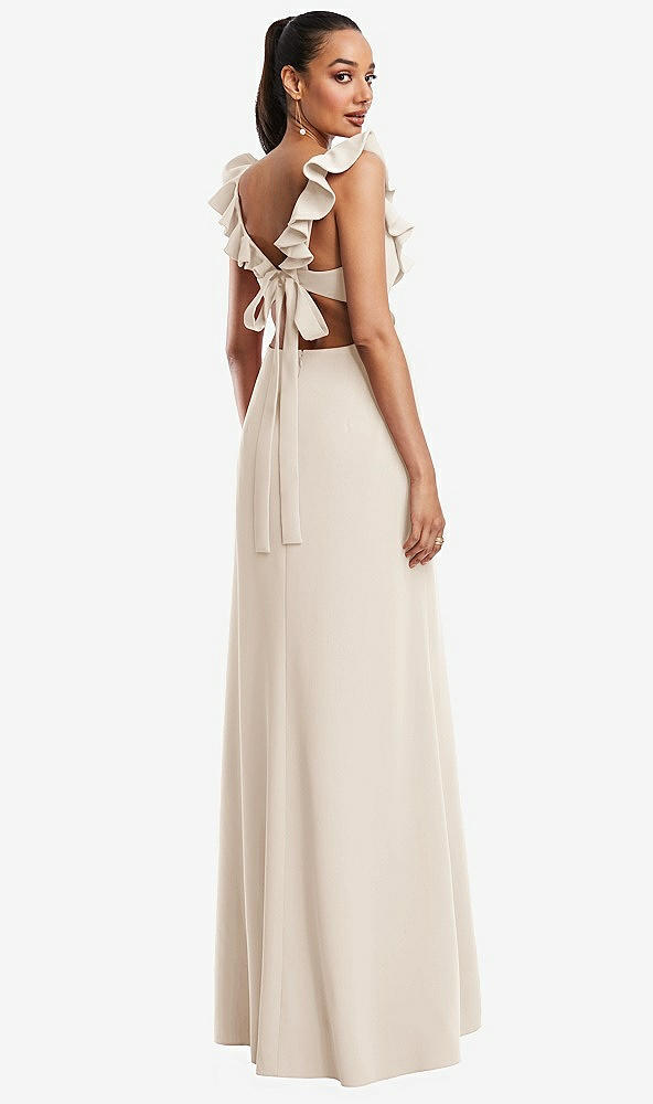 Back View - Oat Ruffle-Trimmed Neckline Cutout Tie-Back Trumpet Gown