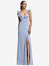Front View Thumbnail - Sky Blue Ruffle-Trimmed Neckline Cutout Tie-Back Trumpet Gown