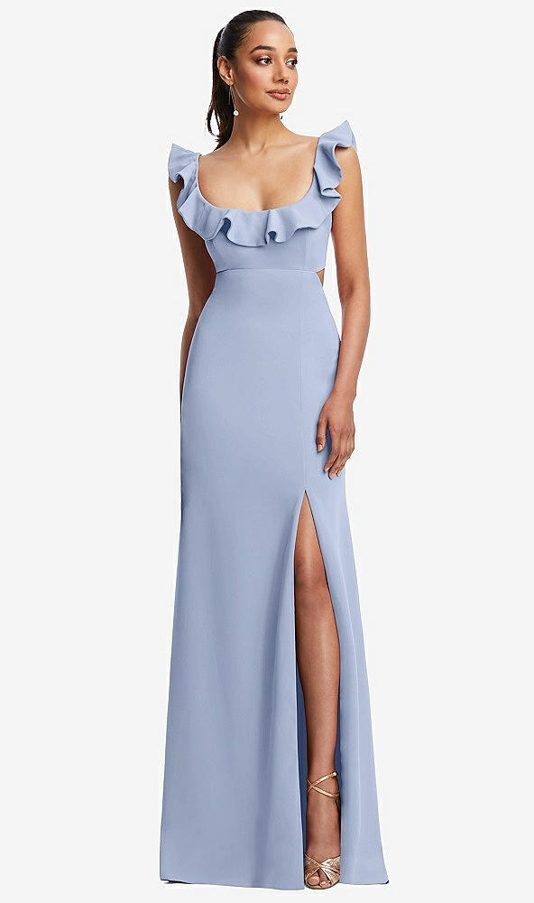 Front View - Sky Blue Ruffle-Trimmed Neckline Cutout Tie-Back Trumpet Gown