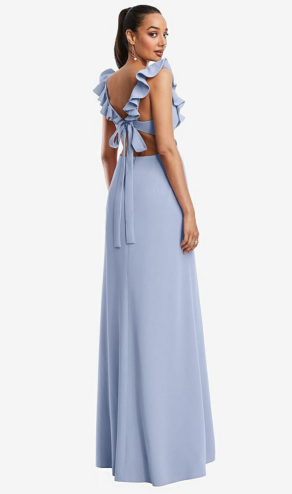 Back View - Sky Blue Ruffle-Trimmed Neckline Cutout Tie-Back Trumpet Gown