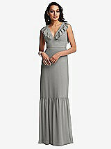 Front View Thumbnail - Chelsea Gray Tiered Ruffle Plunge Neck Open-Back Maxi Dress with Deep Ruffle Skirt