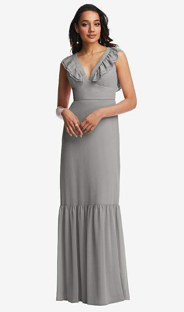 Front View - Chelsea Gray Tiered Ruffle Plunge Neck Open-Back Maxi Dress with Deep Ruffle Skirt