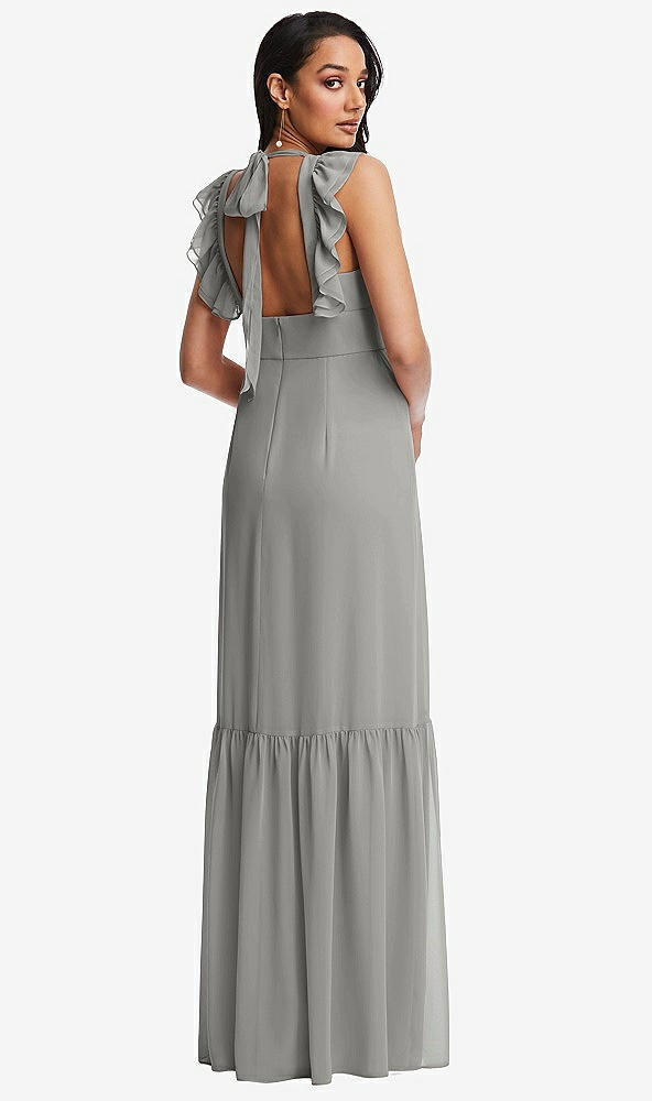 Back View - Chelsea Gray Tiered Ruffle Plunge Neck Open-Back Maxi Dress with Deep Ruffle Skirt