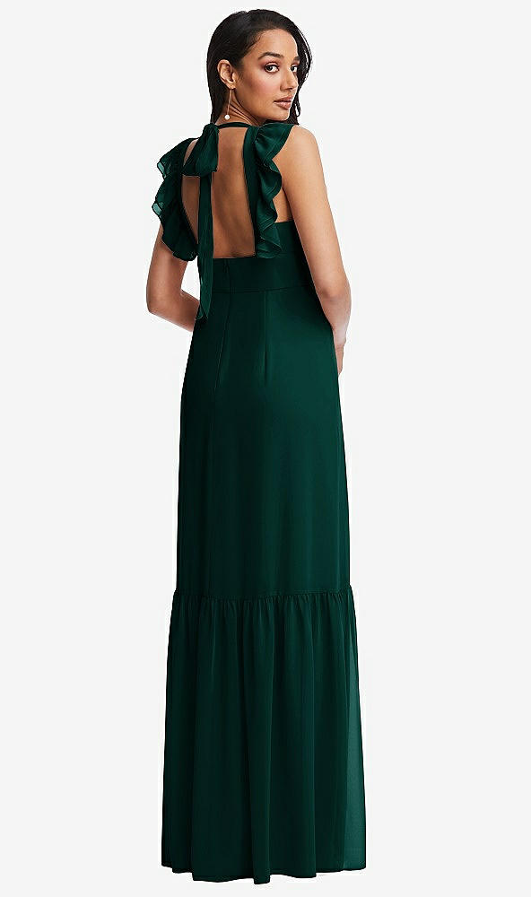 Back View - Evergreen Tiered Ruffle Plunge Neck Open-Back Maxi Dress with Deep Ruffle Skirt
