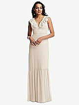 Front View Thumbnail - Oat Tiered Ruffle Plunge Neck Open-Back Maxi Dress with Deep Ruffle Skirt