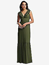 Front View Thumbnail - Olive Green Tiered Ruffle Plunge Neck Open-Back Maxi Dress with Deep Ruffle Skirt