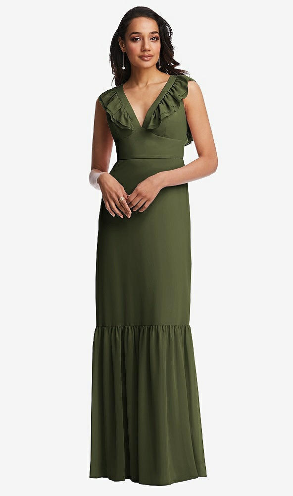 Front View - Olive Green Tiered Ruffle Plunge Neck Open-Back Maxi Dress with Deep Ruffle Skirt