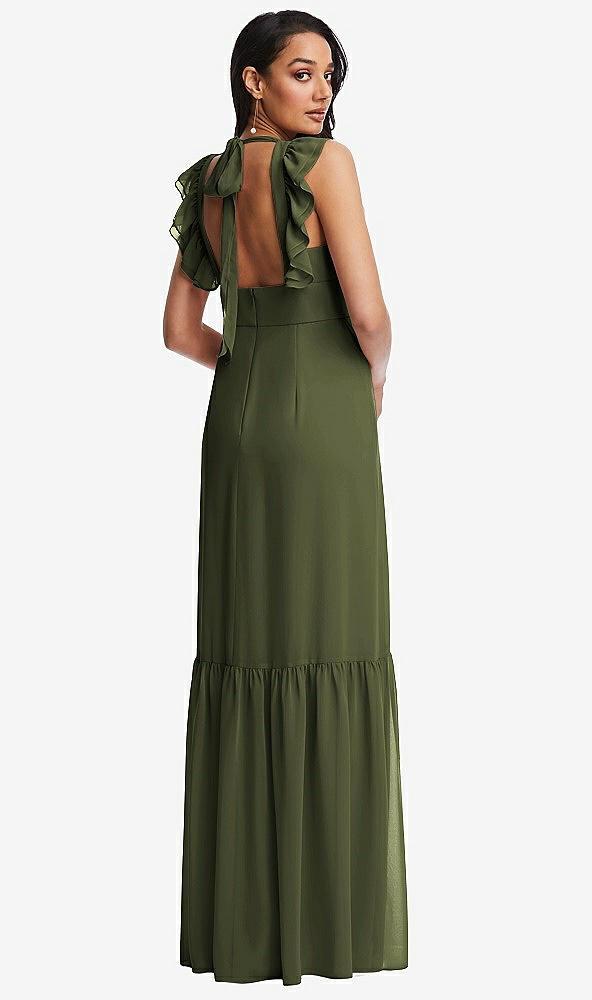 Back View - Olive Green Tiered Ruffle Plunge Neck Open-Back Maxi Dress with Deep Ruffle Skirt