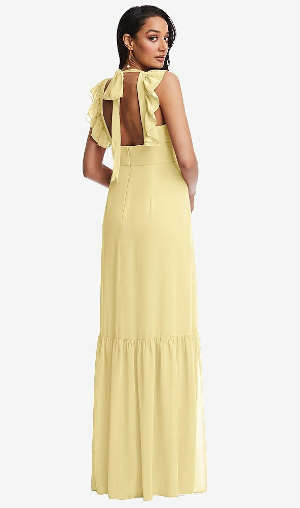 Back View - Pale Yellow Tiered Ruffle Plunge Neck Open-Back Maxi Dress with Deep Ruffle Skirt