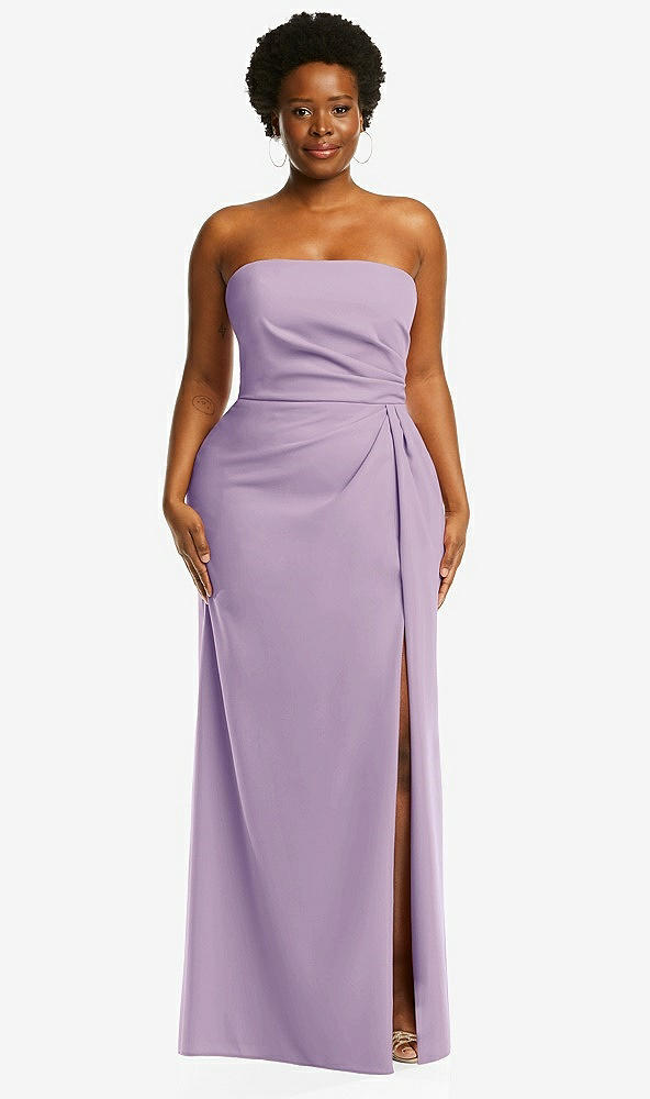 Front View - Pale Purple Strapless Pleated Faux Wrap Trumpet Gown with Front Slit