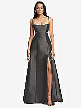 Front View Thumbnail - Caviar Gray Open Neckline Cutout Satin Twill A-Line Gown with Pockets