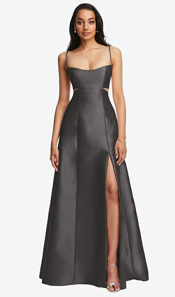 Front View - Caviar Gray Open Neckline Cutout Satin Twill A-Line Gown with Pockets