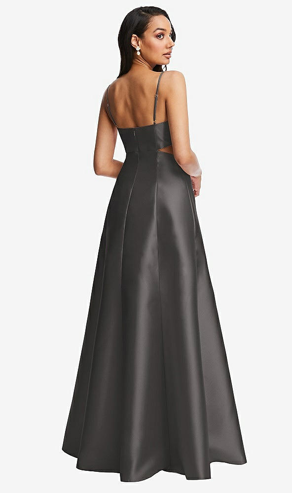 Back View - Caviar Gray Open Neckline Cutout Satin Twill A-Line Gown with Pockets