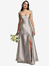 Alt View 1 Thumbnail - Taupe Open Neckline Cutout Satin Twill A-Line Gown with Pockets