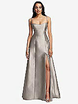 Front View Thumbnail - Taupe Open Neckline Cutout Satin Twill A-Line Gown with Pockets