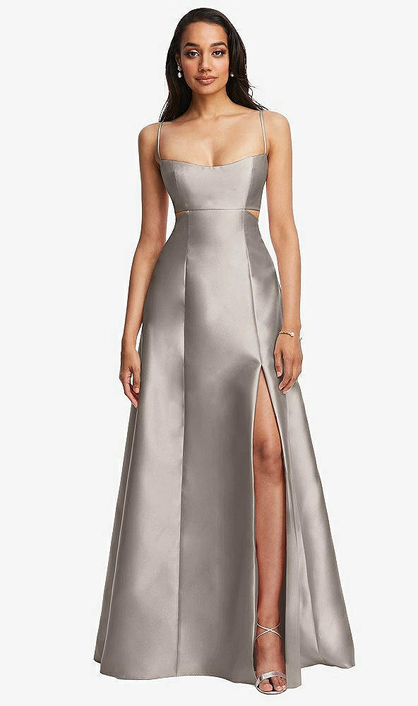 Front View - Taupe Open Neckline Cutout Satin Twill A-Line Gown with Pockets