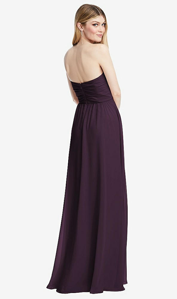 Back View - Aubergine Shirred Bodice Strapless Chiffon Maxi Dress with Optional Straps