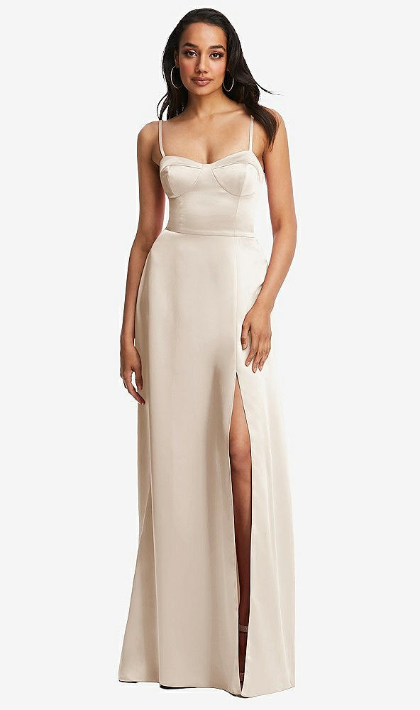 Front View - Oat Bustier A-Line Maxi Dress with Adjustable Spaghetti Straps