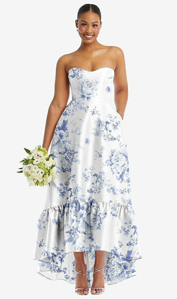 Strapless Floral High-Low Ruffle Hem Maxi Dress with Pockets