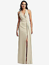 Front View Thumbnail - Champagne Pleated V-Neck Closed Back Trumpet Gown with Draped Front Slit