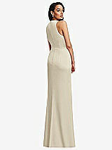Rear View Thumbnail - Champagne Pleated V-Neck Closed Back Trumpet Gown with Draped Front Slit