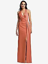 Front View Thumbnail - Terracotta Copper Pleated V-Neck Closed Back Trumpet Gown with Draped Front Slit