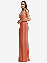 Side View Thumbnail - Terracotta Copper Pleated V-Neck Closed Back Trumpet Gown with Draped Front Slit