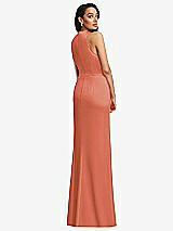 Rear View Thumbnail - Terracotta Copper Pleated V-Neck Closed Back Trumpet Gown with Draped Front Slit