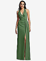 Front View Thumbnail - Vineyard Green Pleated V-Neck Closed Back Trumpet Gown with Draped Front Slit