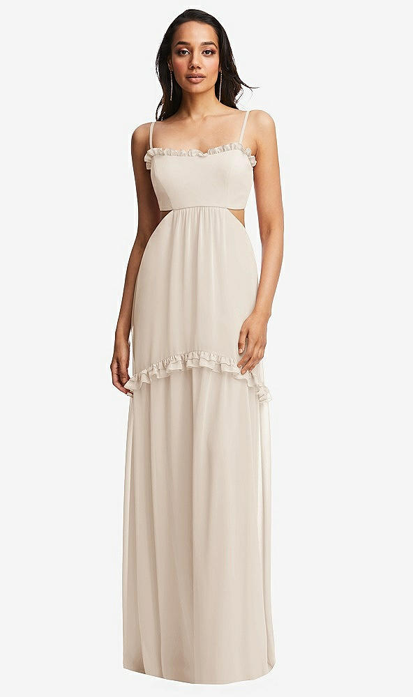 Front View - Oat Ruffle-Trimmed Cutout Tie-Back Maxi Dress with Tiered Skirt