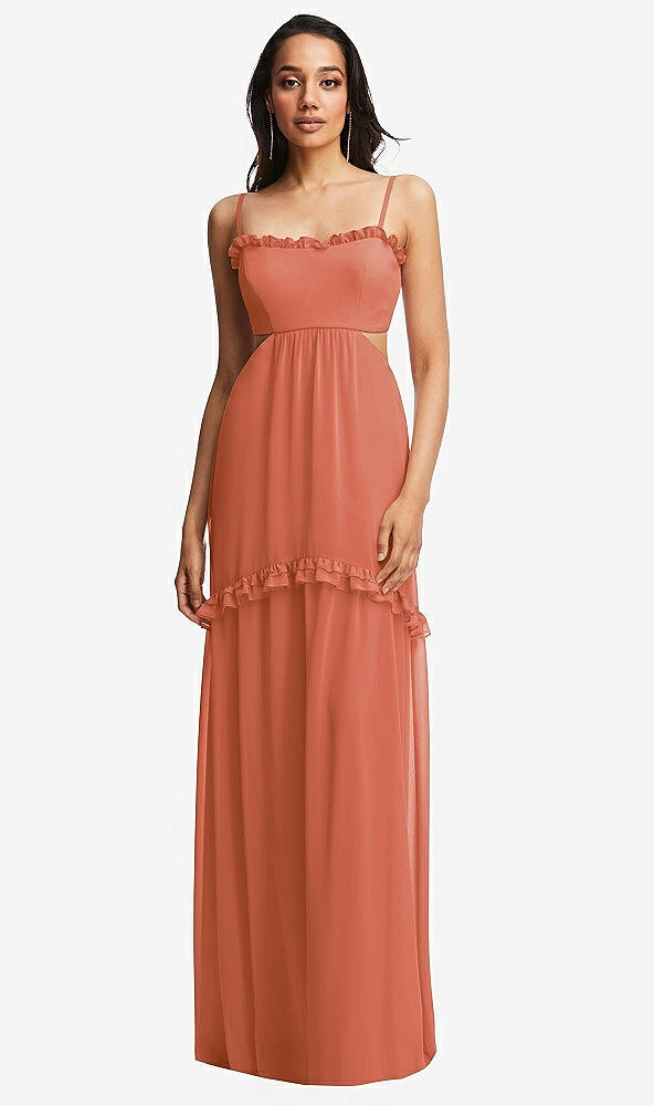 Front View - Terracotta Copper Ruffle-Trimmed Cutout Tie-Back Maxi Dress with Tiered Skirt