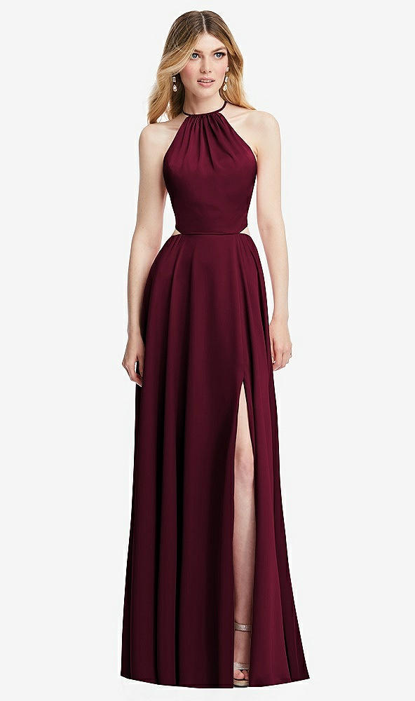 Front View - Cabernet Halter Cross-Strap Gathered Tie-Back Cutout Maxi Dress