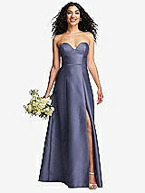 Front View Thumbnail - French Blue Strapless Bustier A-Line Satin Gown with Front Slit