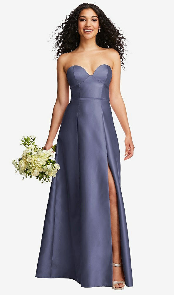 Front View - French Blue Strapless Bustier A-Line Satin Gown with Front Slit