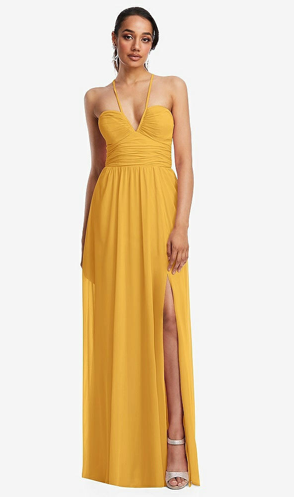 Front View - NYC Yellow Plunging V-Neck Criss Cross Strap Back Maxi Dress