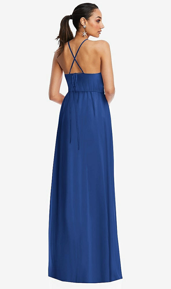 Back View - Classic Blue Plunging V-Neck Criss Cross Strap Back Maxi Dress