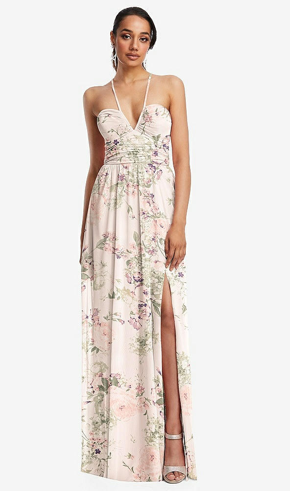 Front View - Blush Garden Plunging V-Neck Criss Cross Strap Back Maxi Dress