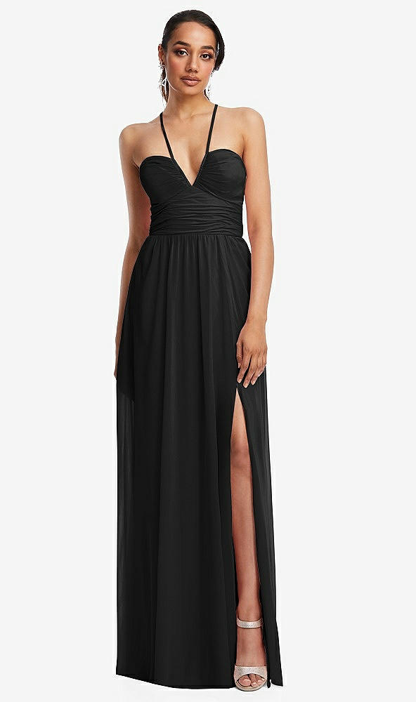 Front View - Black Plunging V-Neck Criss Cross Strap Back Maxi Dress