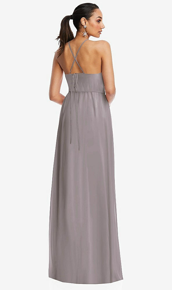 Back View - Cashmere Gray Plunging V-Neck Criss Cross Strap Back Maxi Dress